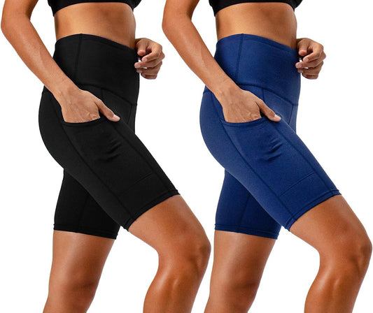 2 Pack Women'S 8" Biker Shorts High Waist Yoga Workout Gym Running Volleyball Spandex Shorts with Pockets