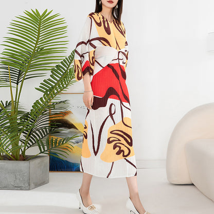 Women'S Temperament Pleated Print Batwing Sleeve Dress