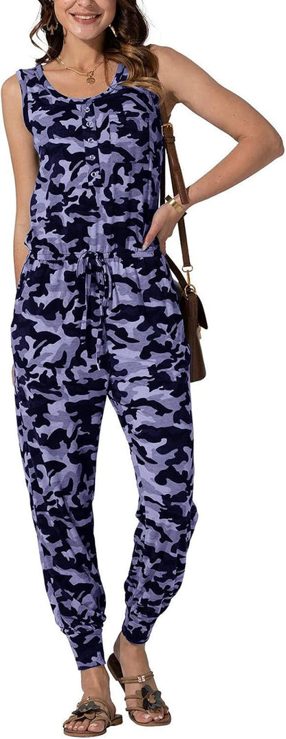 Women'S Summer Causal Loose Jumpsuits Sleeveless Beam Foot Elastic Waist Stretchy Sports Long Romper Overalls