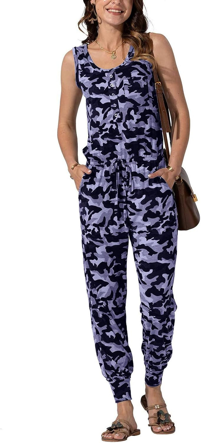 Women'S Summer Causal Loose Jumpsuits Sleeveless Beam Foot Elastic Waist Stretchy Sports Long Romper Overalls
