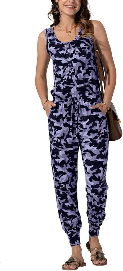 Women'S Summer Causal Loose Jumpsuits Sleeveless Beam Foot Elastic Waist Stretchy Sports Long Romper Overalls