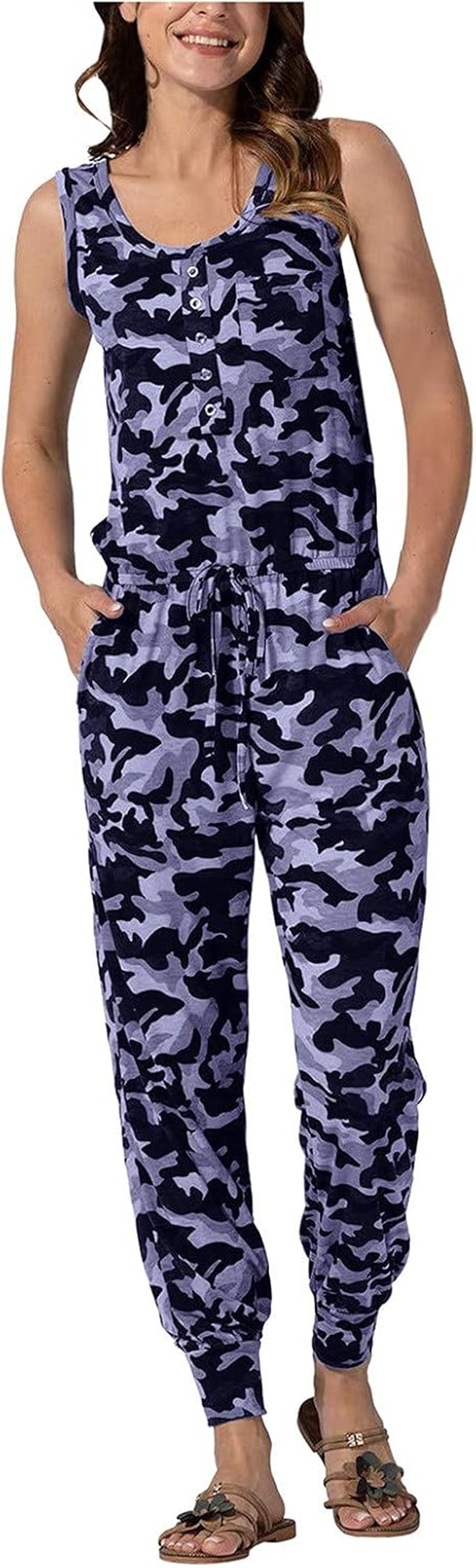 Women'S Summer Causal Loose Jumpsuits Sleeveless Beam Foot Elastic Waist Stretchy Sports Long Romper Overalls